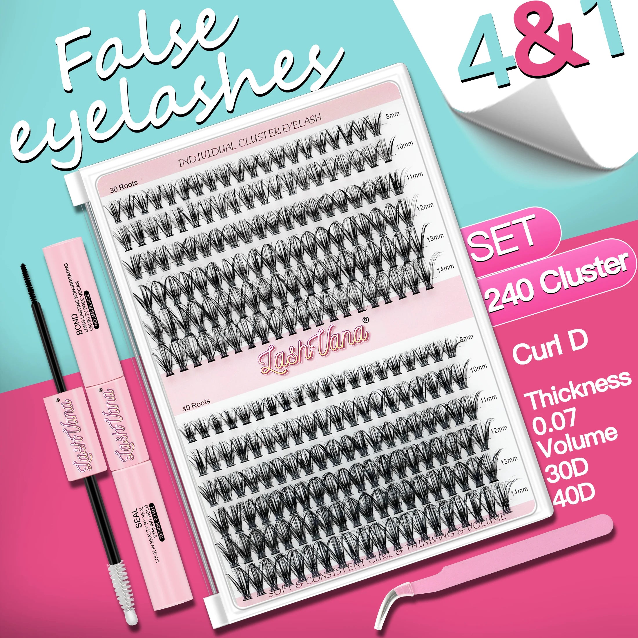 30D40D Individual Lashes Kit Natural Long DIY Cluster Eyelashes with Lash Bond and Seal Extension Kit Makeup Tools Faux Cils