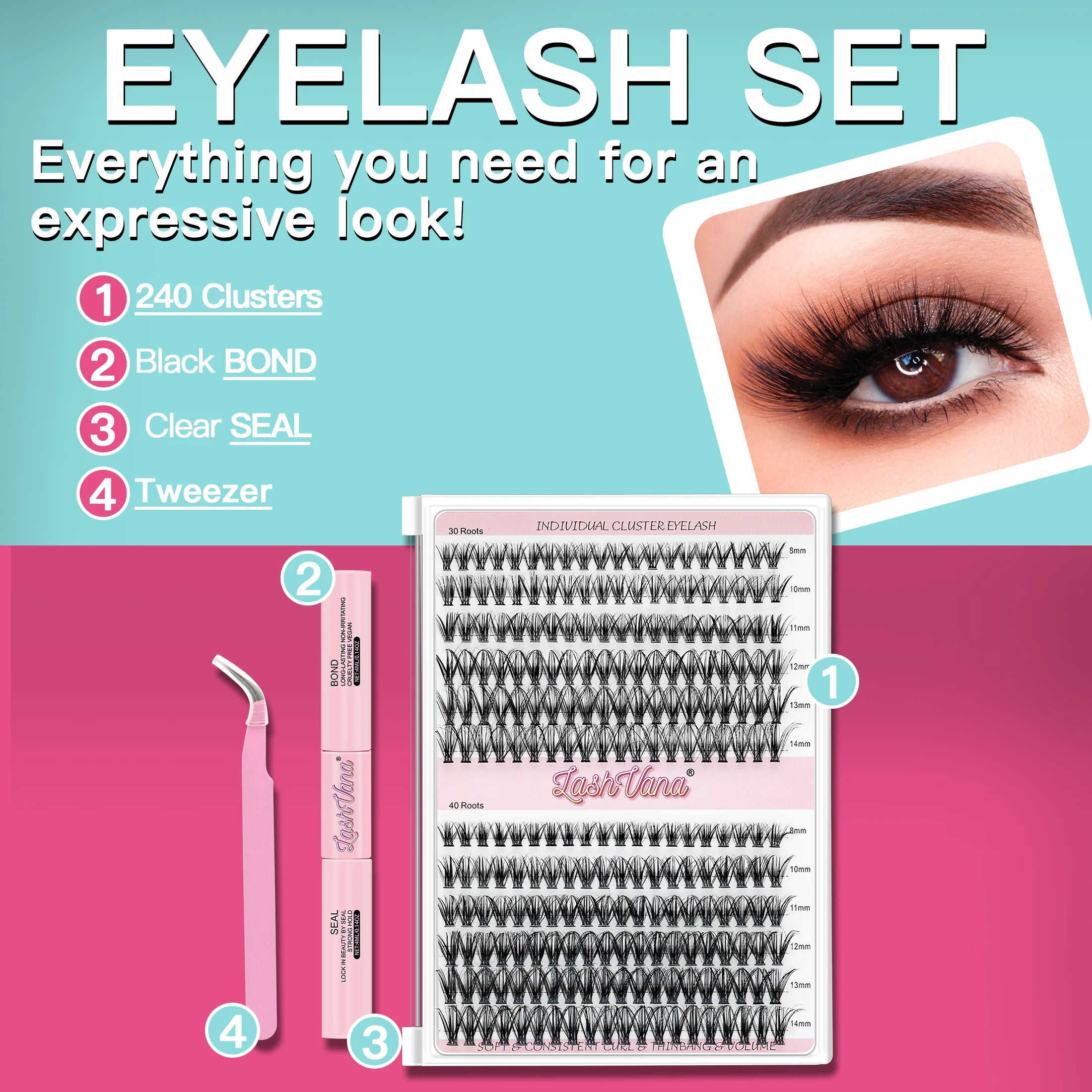 30D40D Individual Lashes Kit Natural Long DIY Cluster Eyelashes with Lash Bond and Seal Extension Kit Makeup Tools Faux Cils